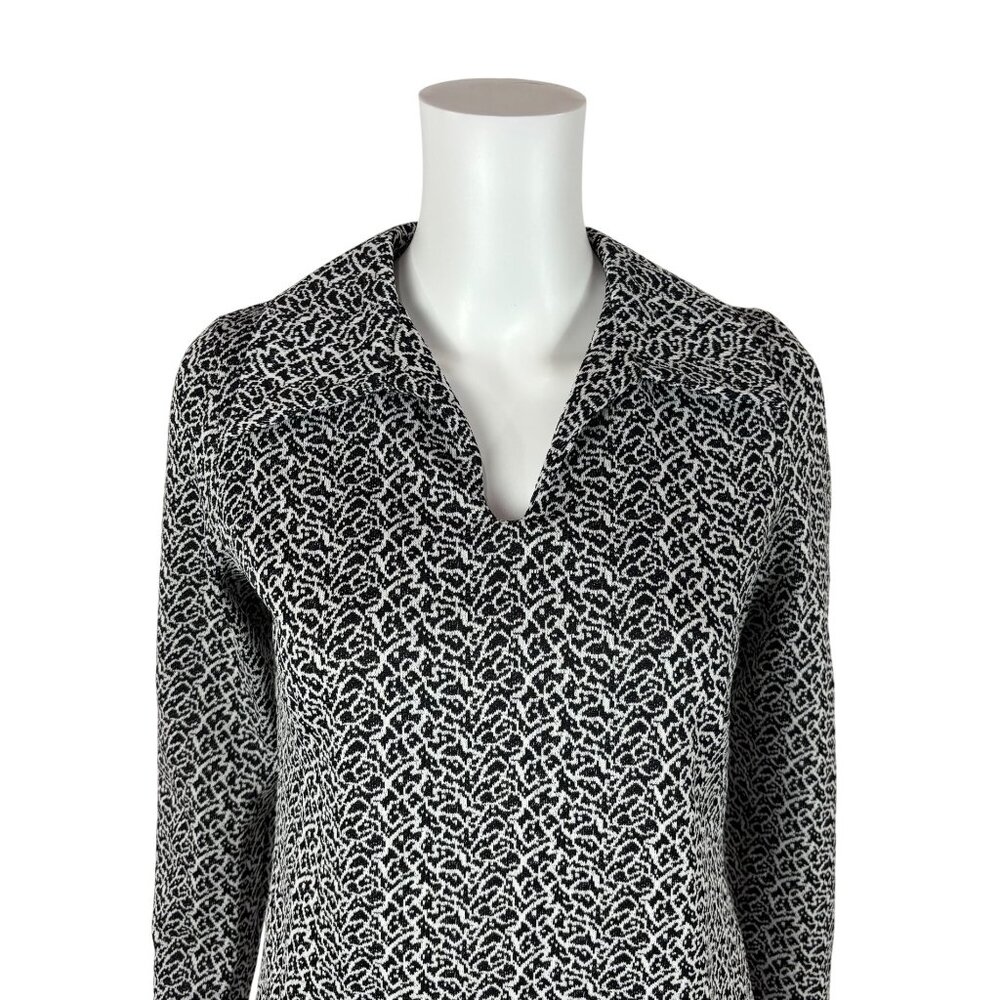 Vintage 70s Patterned Top Women's Small Black White Polyester Collared Shirt - Picture 2 of 10